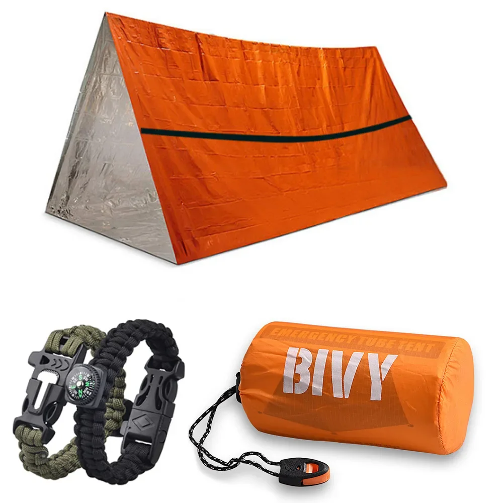 2 Person Emergency Shelter Survival Bivy Tube Tent Kit Thermal Blanket SOS Sleeping Bag Waterproof Survival Equipment