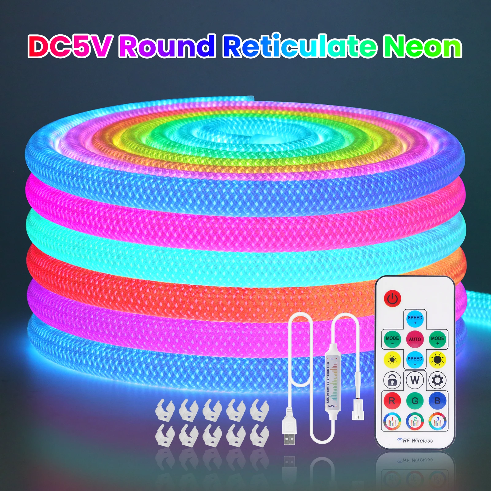 WS2812B Addressable DC5V Round Reticulate Pattern Neon LED Strip 50Leds/m IP67 360 Degree RGBIC Flexible Silicone Pixel Light