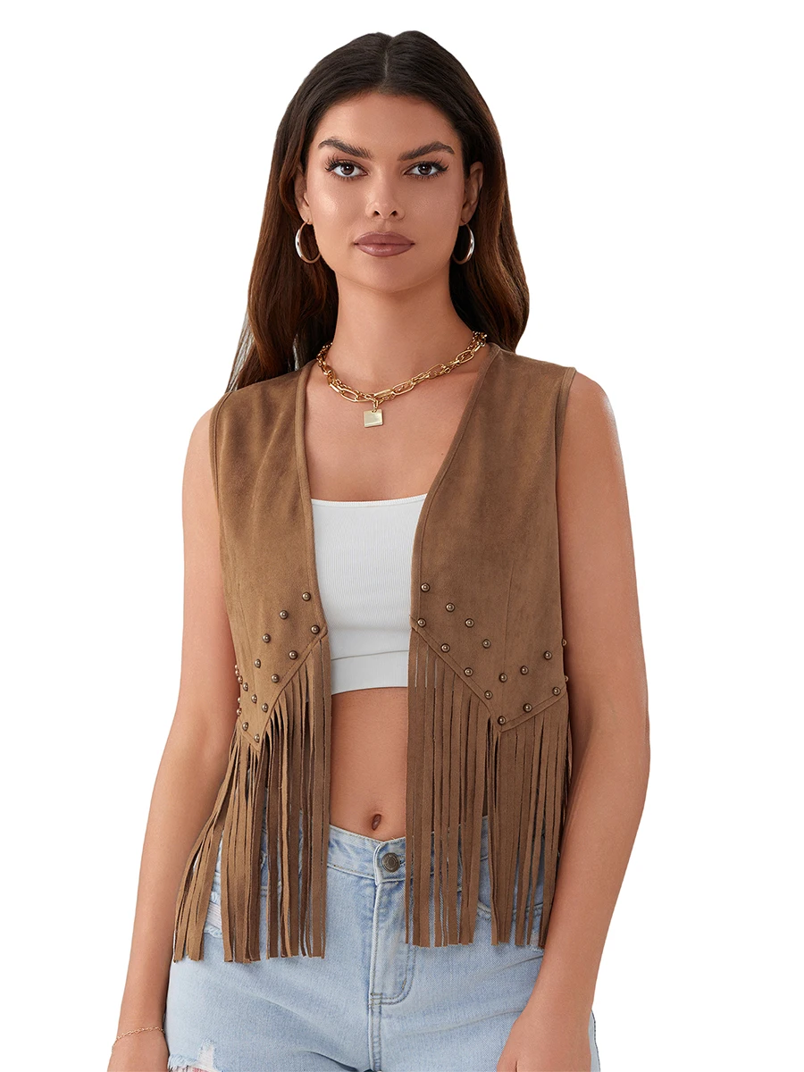 HzDazrl Women Fringe Vest Open Front Rivets Tassel Sleeveless Vest Coat Vintage Cowgirl Hippie Casual Jacket Outwear