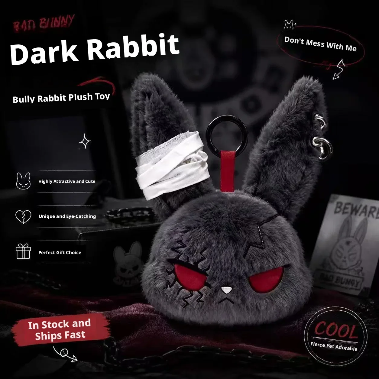 Heißer Gothic-Häschen-Plüsch-Schlüsselanhänger, Hasen-Taschenanhänger mit Bandage-Design, Kawaii-Schlüsselring-Anhänger, Auto-Taschen-Ornament, Geschenk für – Detail 10