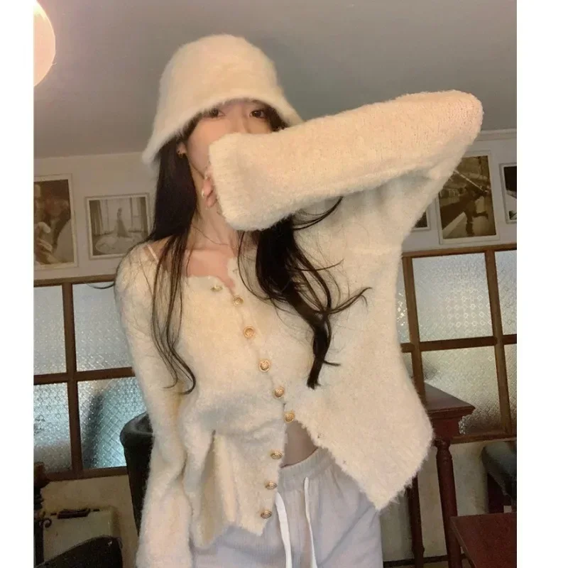 

2024, ранняя весна, женский кардиган, корейский модный утягивающий свитер, укороченный топ, трикотаж, однобортная трикотажная одежда