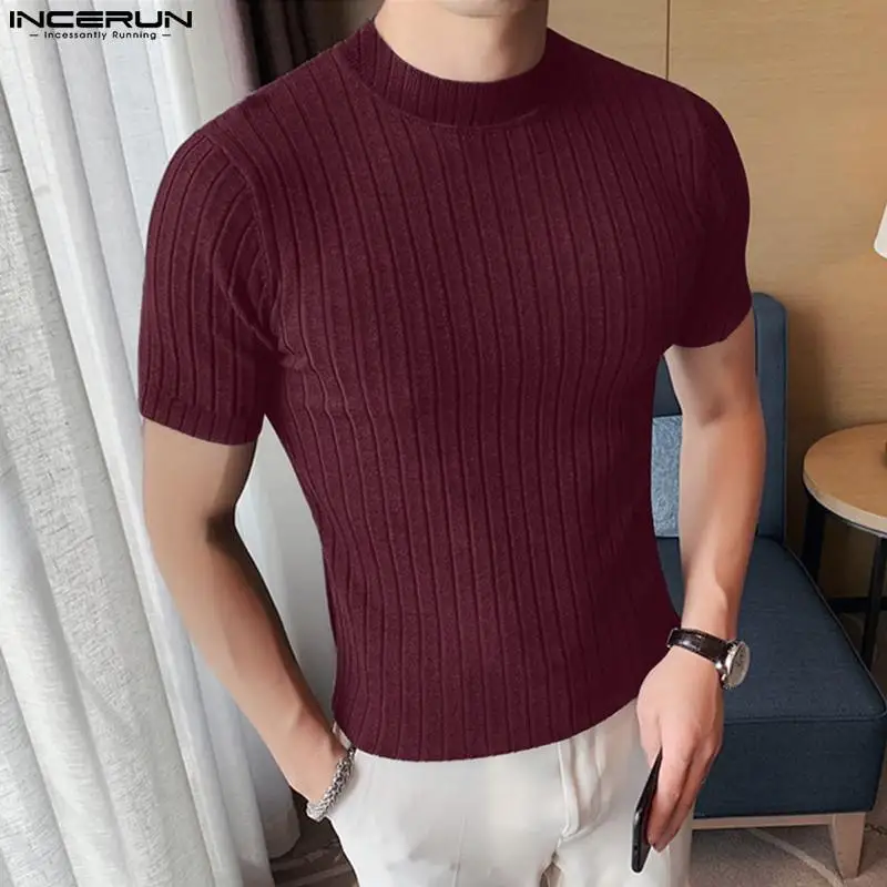 Bella vendita calda top INCERUN uomo Solid Pit Stripe maglieria Camiseta elegante maschio solido elastico manica corta t-shirt S-5XL 2024