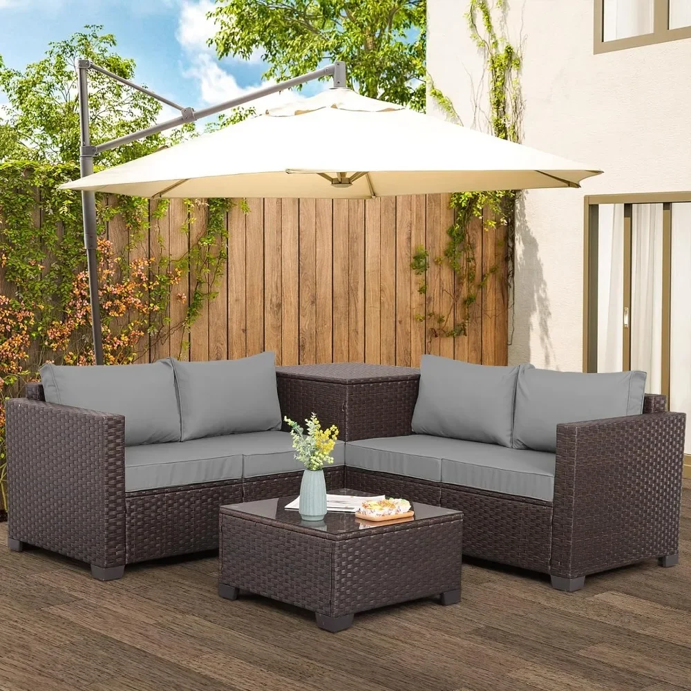 Outdoor Rattan conversação secional sofá cadeira, caixa de armazenamento, mesa de café, No-Slip almofadas, Mobiliário Pátio Set, 4 pcs