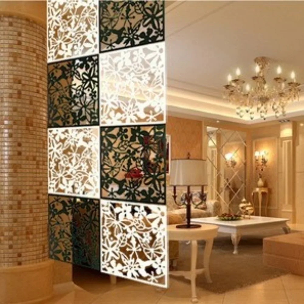 9Pcs Hollow Pattern Hanging Partition Screen Minimalist Flower Carving Room Divider Curtain Square Shape No Drilling