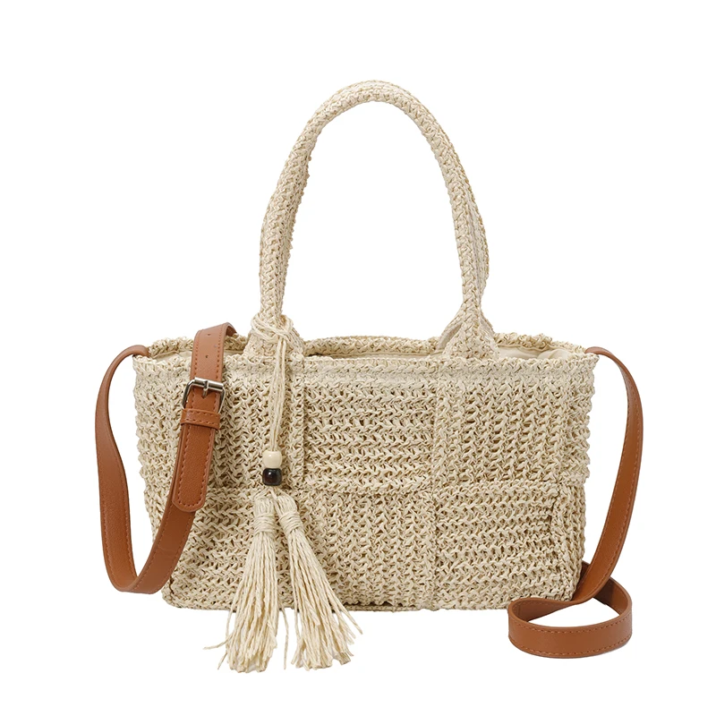 

Handwoven Straw Bag with Tassels Handwoven Beach Purse Large Capacity Adjustable Shoulder Strap for Women Travel & Pool Day