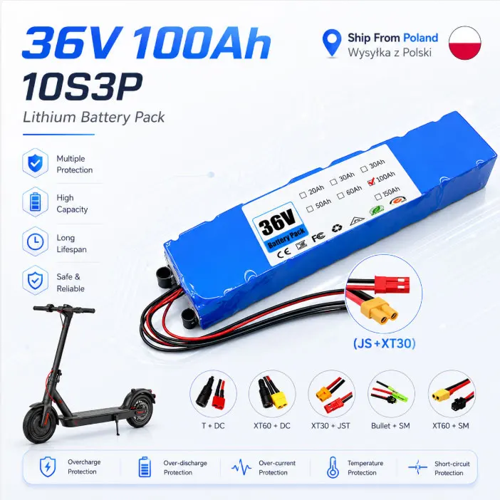 Versand aus Polen NEUER 36V 100Ah 18650 Lithium-Akku 10S3P mit integriertem BMS 500W Hochleistungs-Akku mit anpassbarem Stecker für modifizierte Elektrofahrräder und -roller