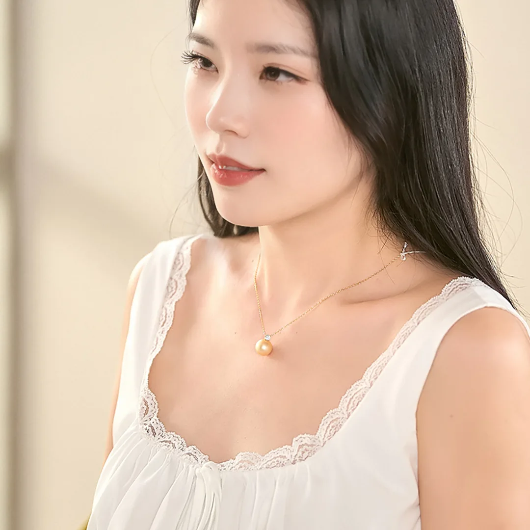 12-13mm Natural South Sea Golden Pearl Pendant, 18K Gold Perfect Round Premium Pearl, Includes 925 Silver Chain Jewelry Gift