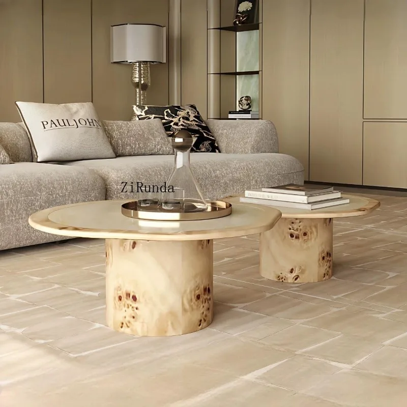 French retro solid wood living room coffee table set pattern marble countertop light luxury high-end home
