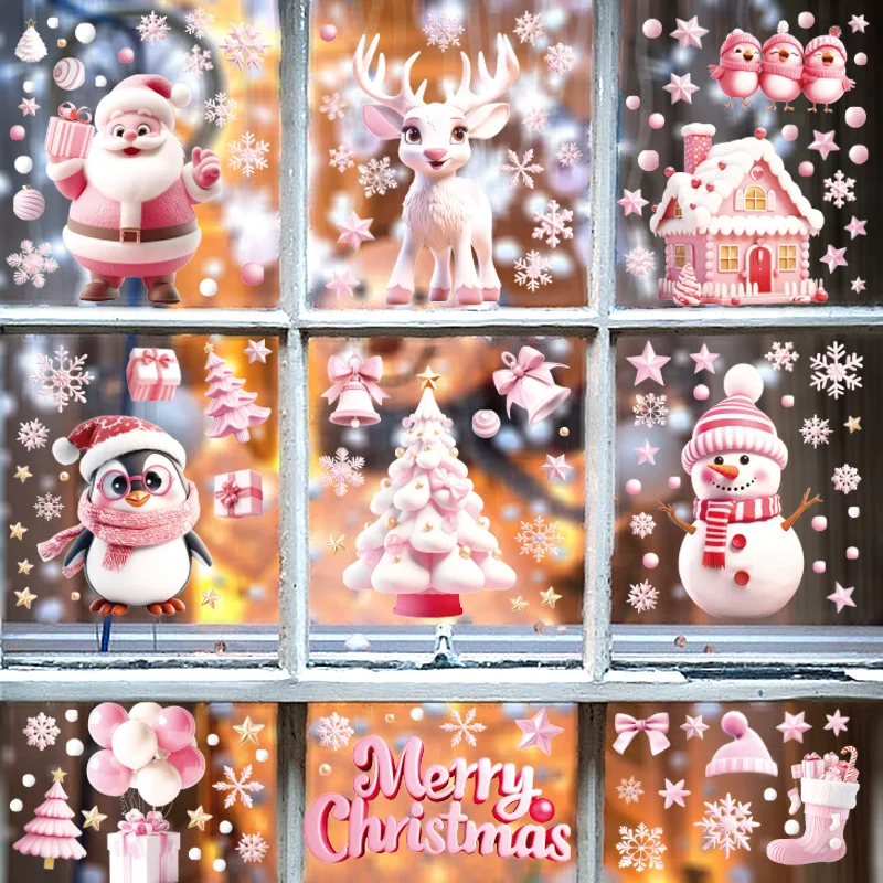 

Pink Christmas cute 3D Santa Claus house snowflake glass door and window decoration static sticker