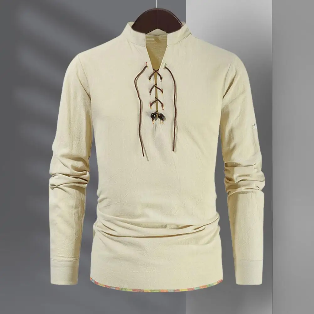 Spring Autumn Men Shirt Lace-up Stand Collar Long Sleeves Solid Color Loose Retro Medieval Mid Length Casual Commuting Top