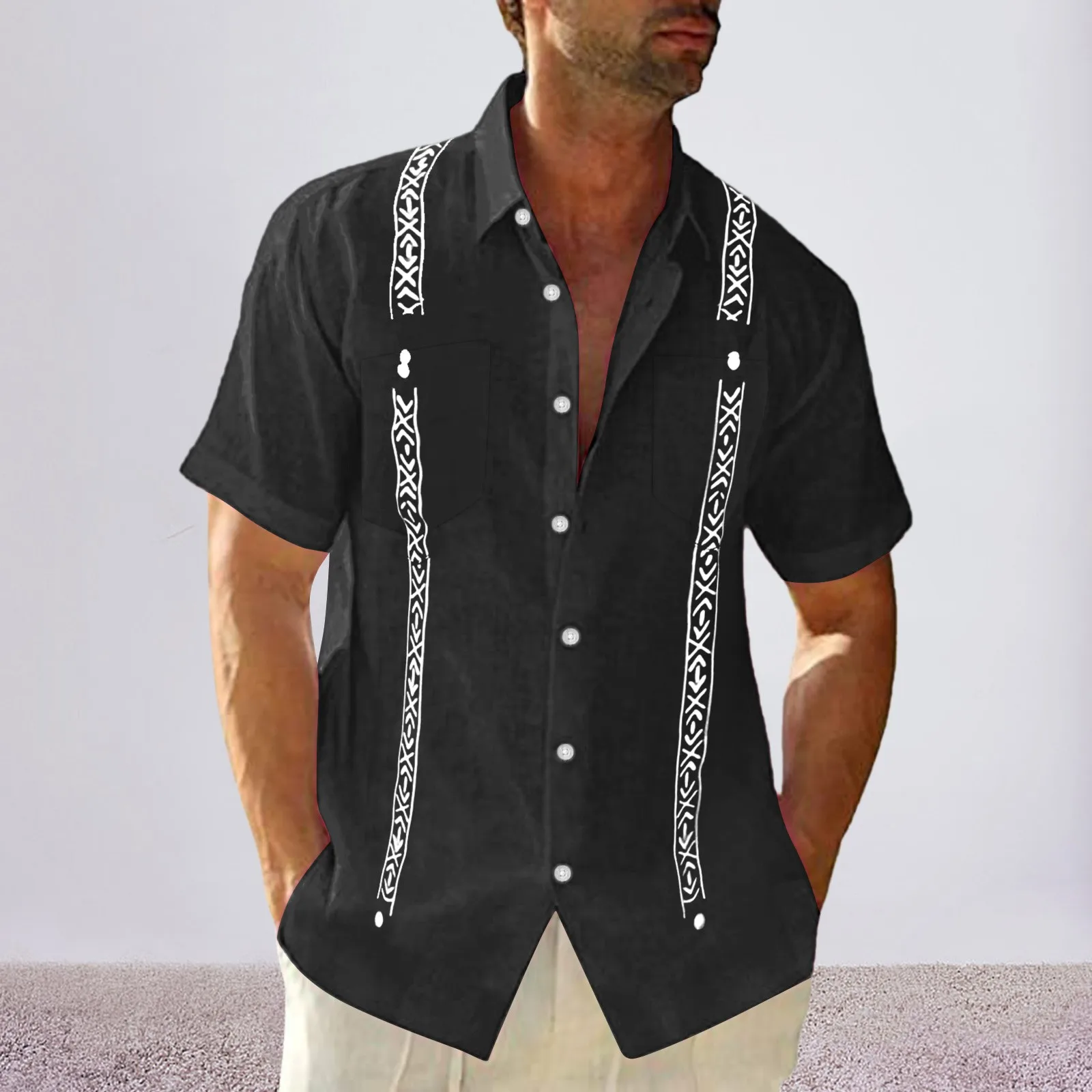 Men's Short Sleeve Linen Shirt Cuban Beach Top Pocket Guayabella Shirt Button Up Casual Summer Shirts For Men 2024 Streetwear