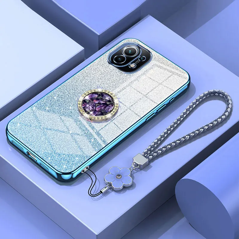 Mi11 Lite 5G Luxury Diamond Holder Case For Xiaomi Mi 11 Lite 5G NE 11T pro Bling Glitter Shockproof Lanyard Cover Case Mi11lite