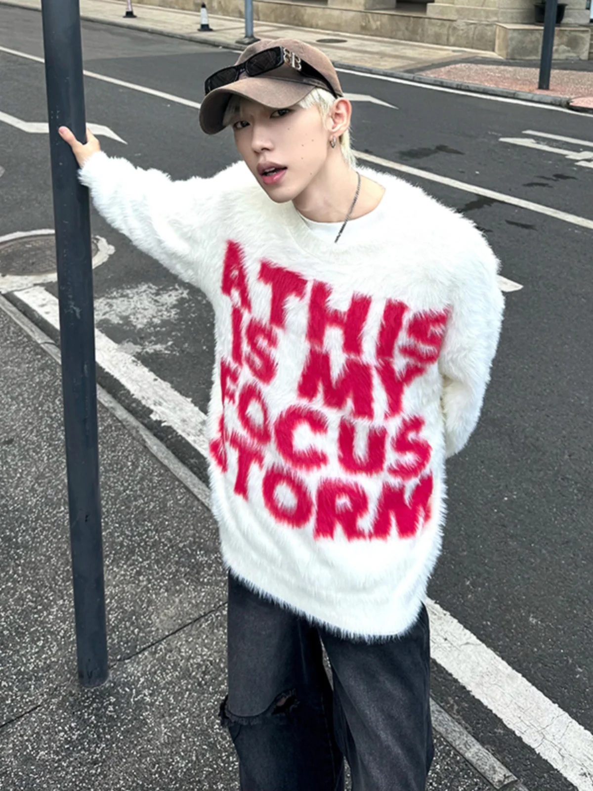 

Мужской свитер из белой норки с круглым вырезом, осенне-зимний, с буквенным принтом, модный, повседневный, свободного кроя, вязаный