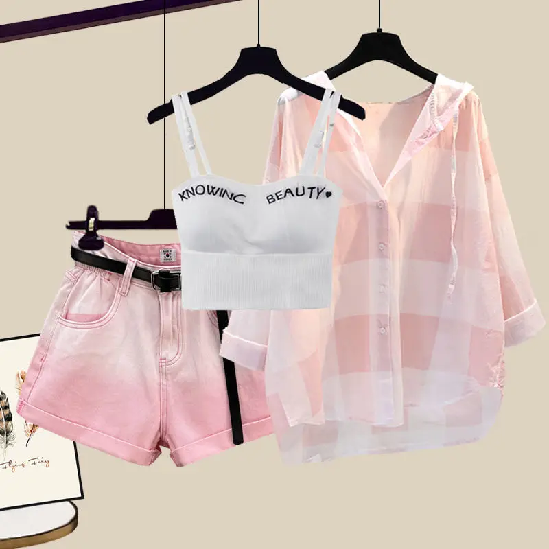 Moda tie-tingido shorts protetor solar xadrez camisa rosa sutiã três peças elegantes calças femininas definir roupas de verão agasalho para 2023