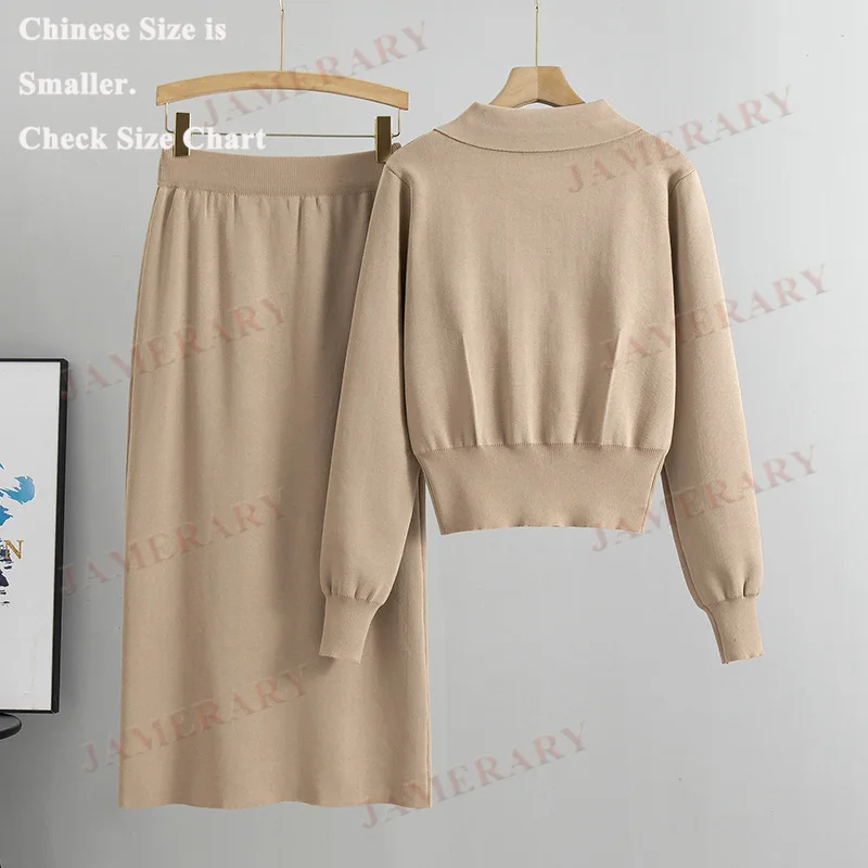 ชุดเซ็ตสองชิ้นถักนิตติ้งสไตล์ลำลองสำหรับฤดูใบไม้ร่วง เสื้อสเวตเตอร์แบบกระดุมแถวเดียวสำหรับผู้หญิง กระโปรงทรงสอบยาว ชุดสูทสำหรับฤดูหนาว