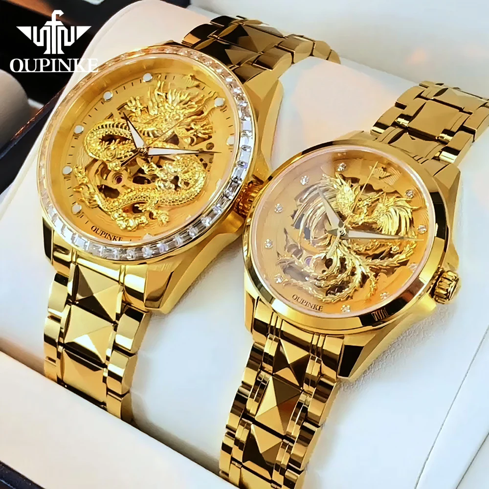 OUPINKE ساعات الزوجين العلامة التجارية الفاخرة موضة الأصلي التلقائي ساعة اليد الميكانيكية لمحبي التنغستن الصلب الياقوت 3276 #2