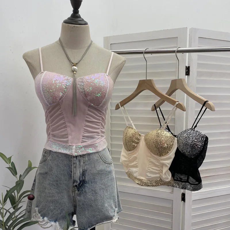 

Sexy Shiny Sequins Splicing Mesh Sling Vest Tube Top Women