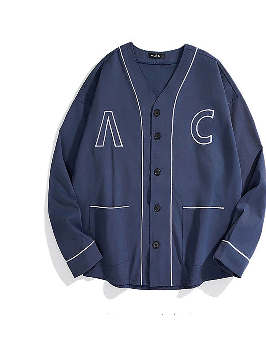 Japanese Retro Contrasting Line Top V-neck Long Sleeved Double Pocket Men Casual Jacket