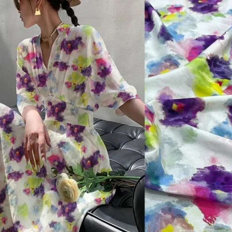 Silk Stretch Crepe De Chine Wide Fabric Mulberry Silk Material Ink Smudge Geometric Print Dyed Shirt Comfort Dress Fabrics