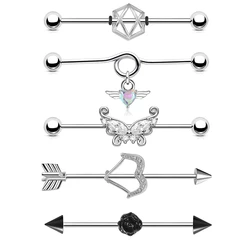 1 Pcs Stainless Steel Bow Butterfly Pendant Female Punk Industrial Barbell Cartilage Earring Tragus Long Spiral Piercing Jewelry