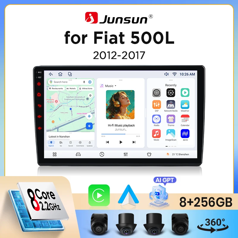 Autoradio Junsun sans fil CarPlay Android Auto pour Fiat 500L (330) 2012-2017 avec ventilateur de refroidissement intégré, navigation GPS Android, lecteur multimédia, WiFi, DSP, RDS, BT, SWC, écran tactile IPS, autoradio, lecteur vidéo, unité principale, stéréo