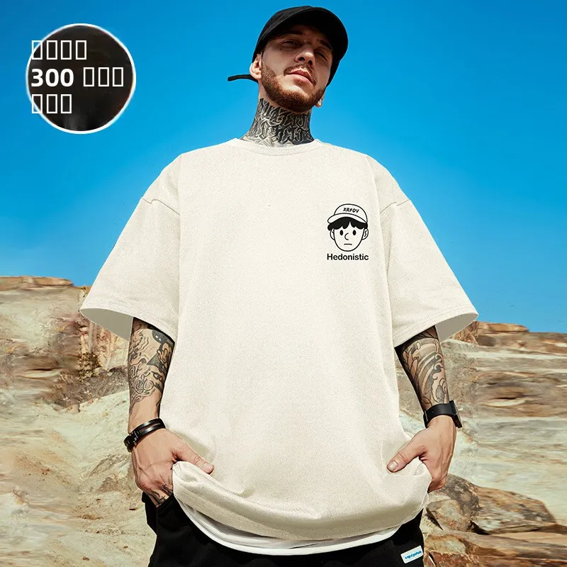 

Мужская футболка оверсайз из чистого хлопка в американском ретро-стиле, с круглым вырезом, модная уличная одежда, черная, с коротким рукавом