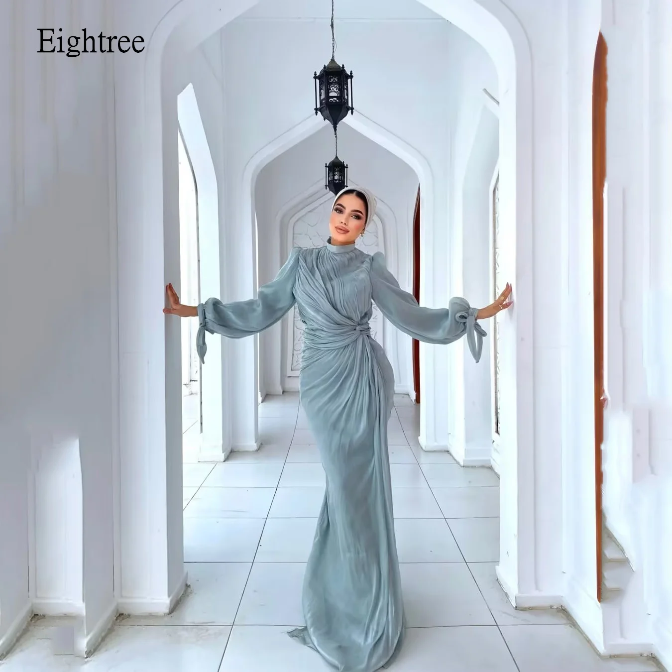 

Eightree Saudi Blue Mermaid Evening Dresses Full Sleeves With Bow Prom Gown High Neck Formal Party Gowns Newest Customized