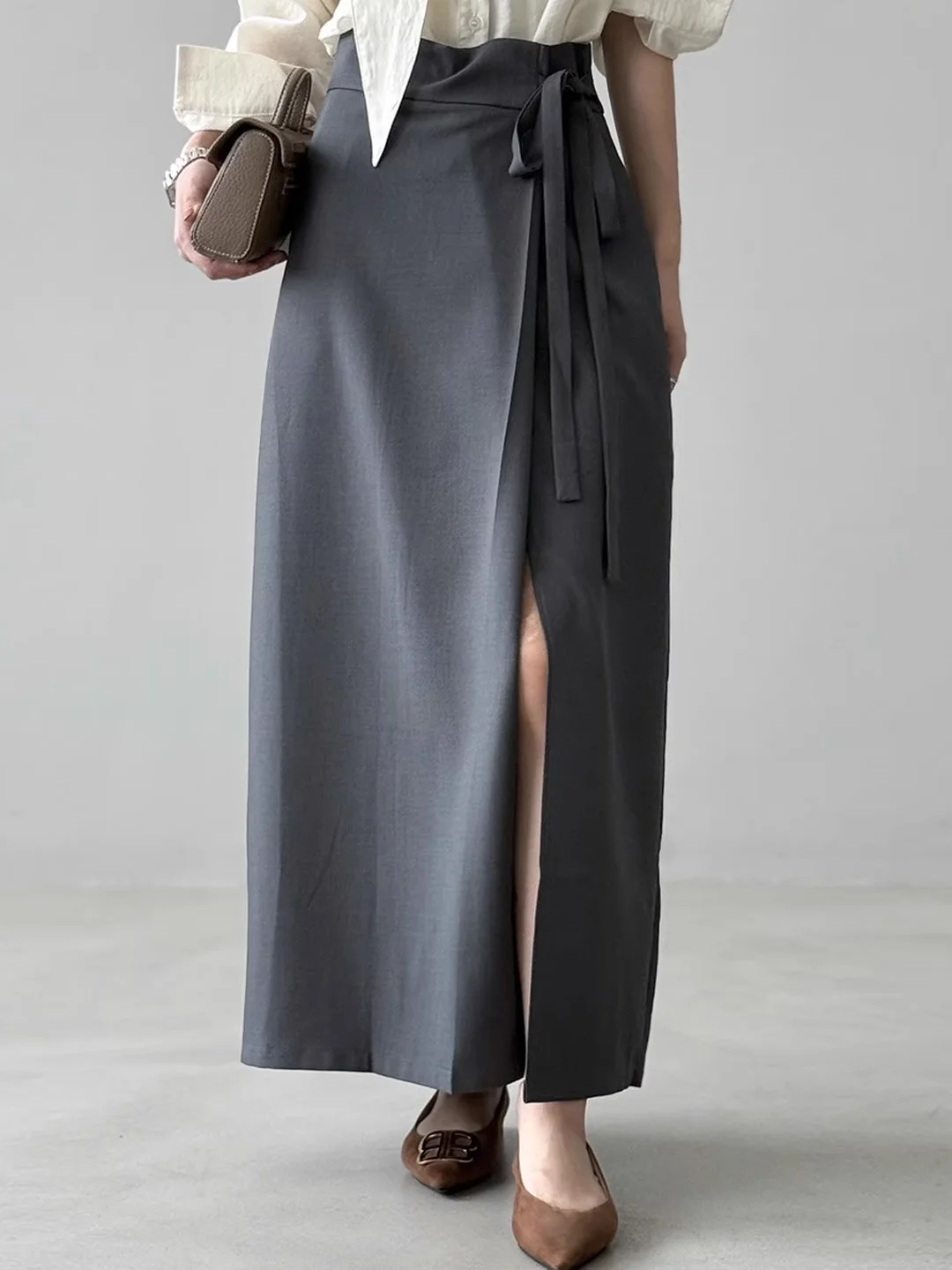 

High Waist A-Line Long Skirt with Side Waist Tie Slit Design for Women Autumn Faion Sensation f Body Suit Skirts