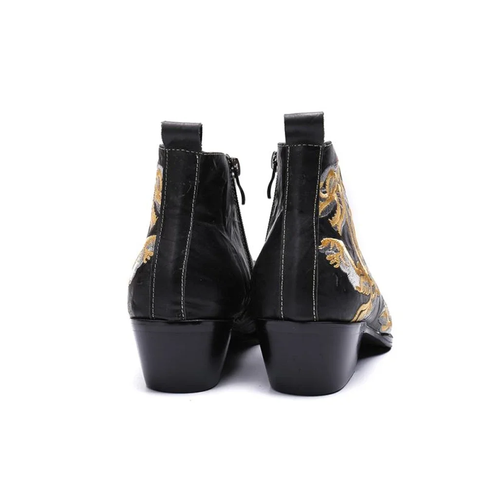 Black Embroider Printing Zipper Genuine Leather High Heels Pointed Toe Boots Male Plus Size Fashion Party British Style Shoes