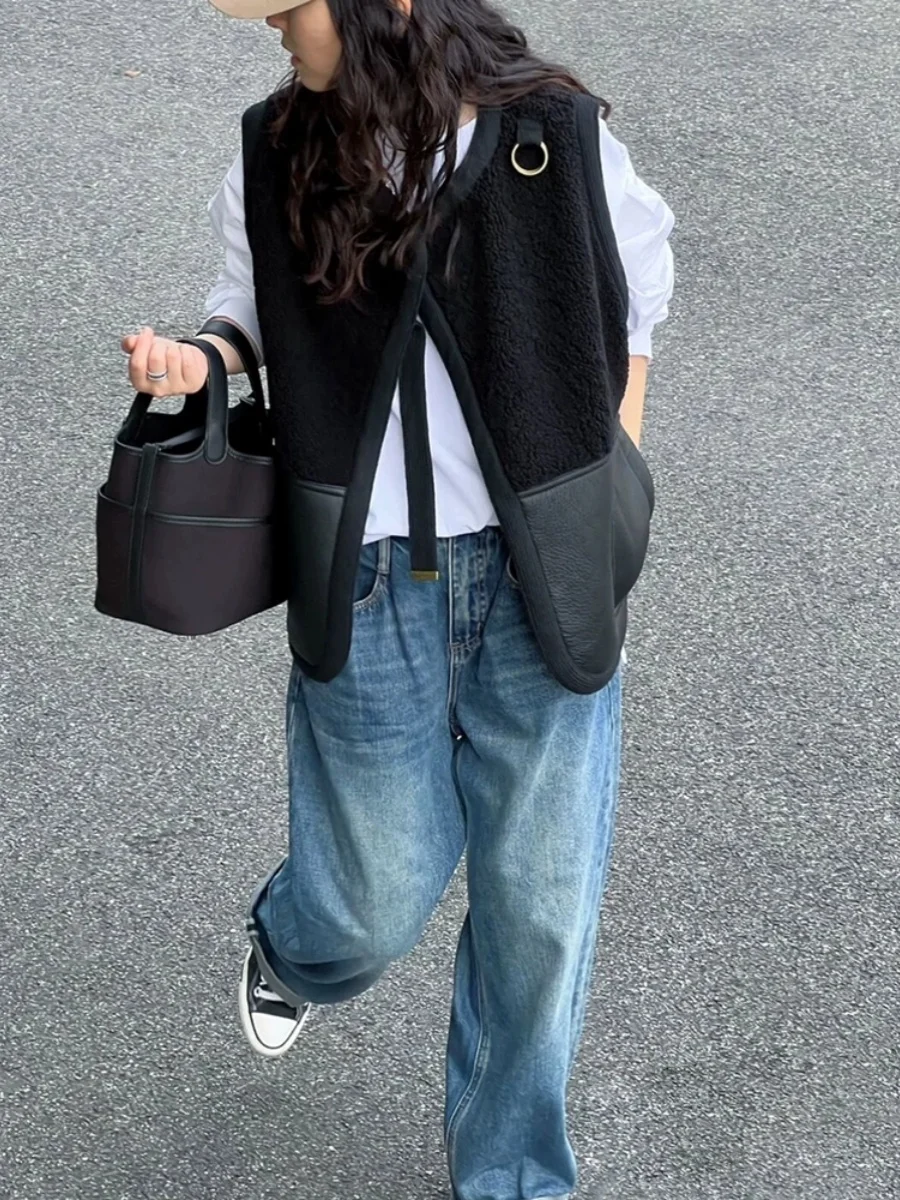 Street Sle Faionable gelaagd lamsbontvest dames herfst winter ontwerp uniek patchwork lederen jaet bovenkleding trendy