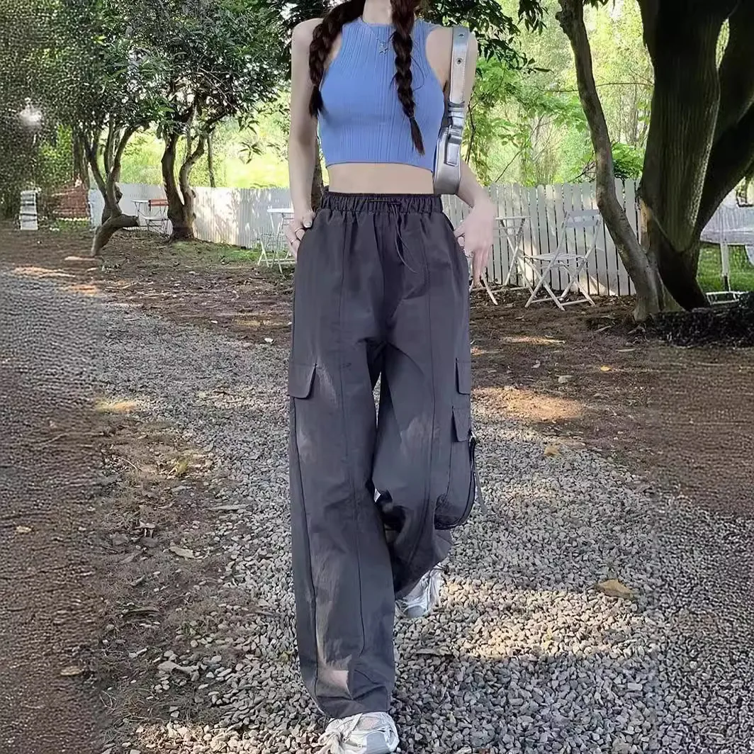 High-waisted Drawstring Wide-leg Pants Sweatpants Baggy Cargo Pants Women Korean Loose Straight Width Big Pocket Pants for Women