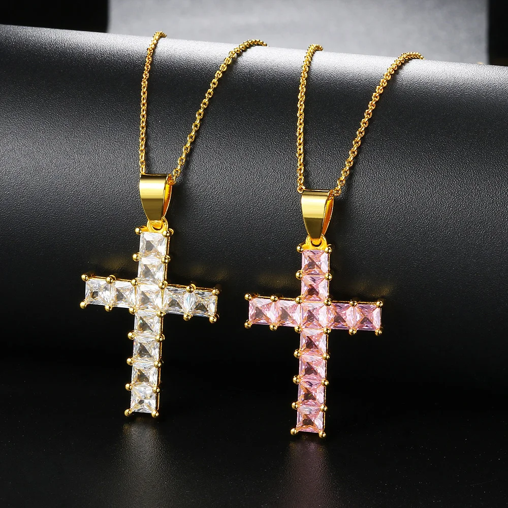 Christian Cross Women's Neck Chain Hippie Men Necklace Jewelry Pink Cubic Zirconia Iced Out Pendants Gold Color Choker KBN406