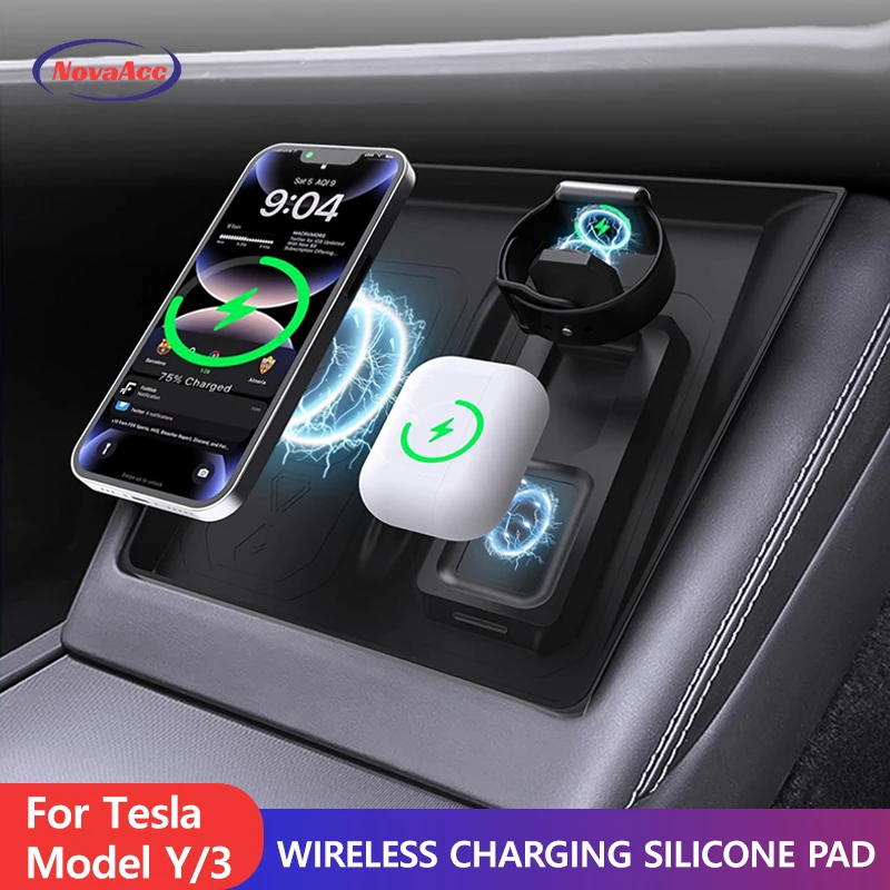 

NovaAcc Center Console Wireless Charging Silicone Pad for Tesla Model Y 3 2021-2025 Charging Mobile Phones Headphones Watches