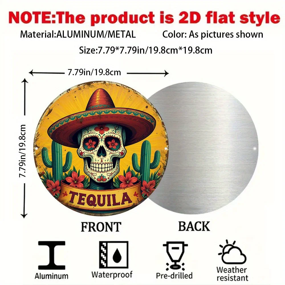 2D Flat - Retro Mexican Bar Sign in 2D Design - Tequila-Themed Round Metal Wall Art Featuring a Sombrero, Cacti, And Floral Patt