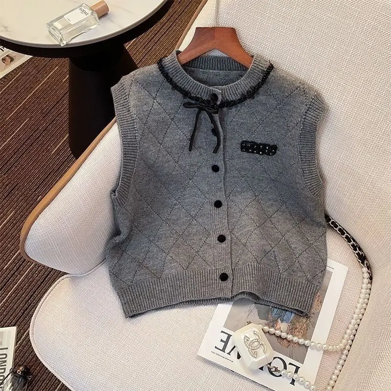 

Knitted Vest Vest Women's New Style Bow Spring and Autumn Sweater Fashionable Cute Cardigan Vest Jacket