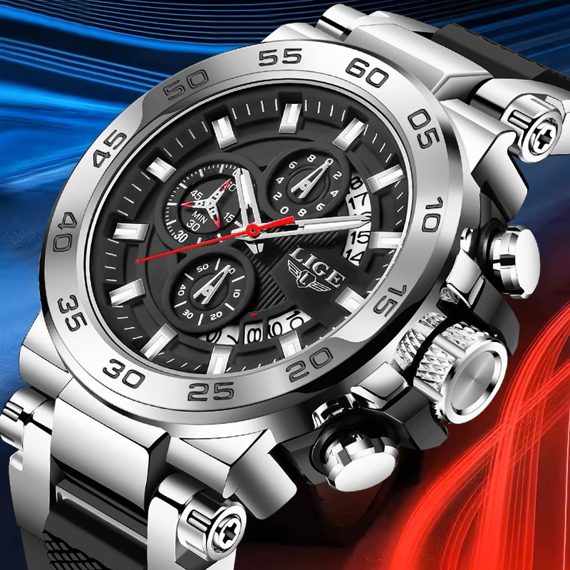 

LIGE Sports Watch For Men Fashion Military Silicone Waterproof Luminous Man Wristwatch Casual Big Dial Quartz Chronograph Male