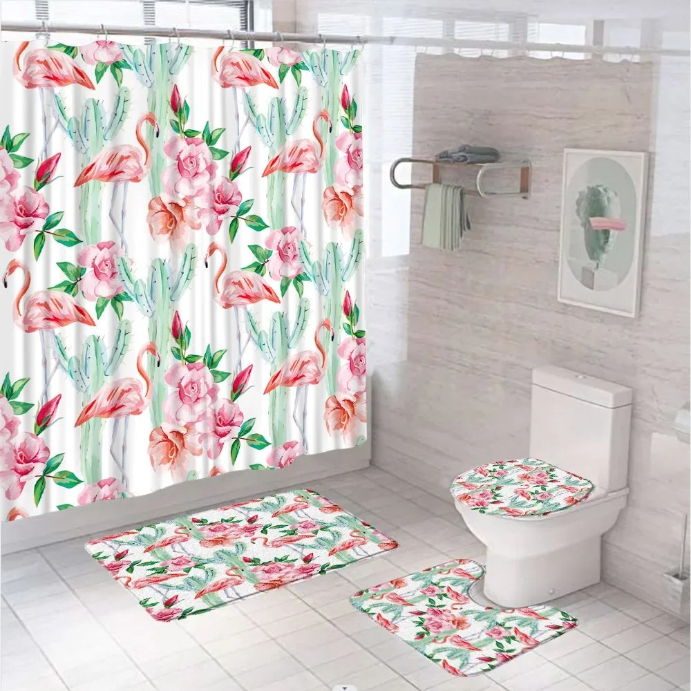 Cute Flamingo Shower Curtain Set Tropical Cactus Pink Flower Leaves Bathroom Curtains Anti-slip Bath Mat Toilet Cover Carpet Rug