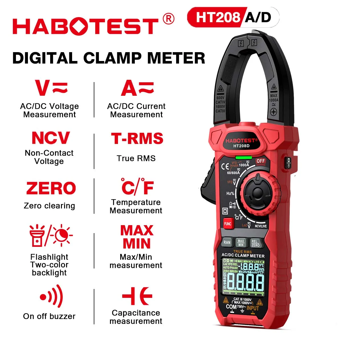 HABOTEST HT208 cyfrowy miernik cęgowy 1000A 1000V multimetr AC DC True RMS amperimetrica pojemność cyfrowy tester cęgów