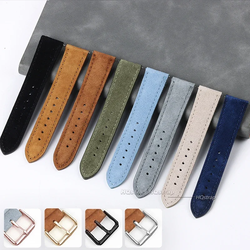 Suede Genuine Leather Watchband for Seiko Vintage Handmade Stitching Bracelet for Rolex 18mm 19mm 20mm 22mm 24mm Watch Strap