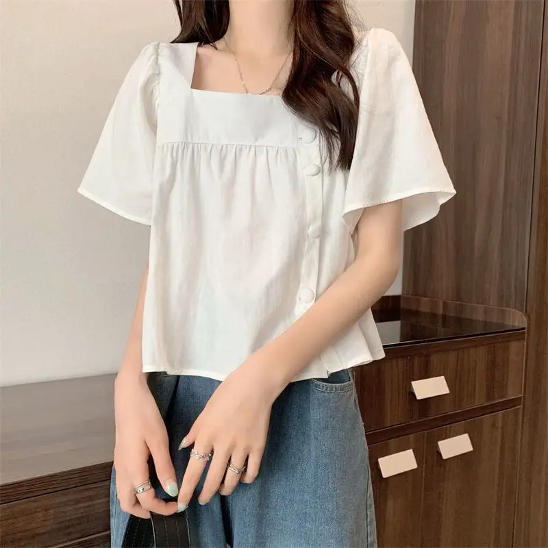 

French Style Summer Short Sleeve Blouse Designer Square Neck Cropped Top For Women White Trendy Casual Shirt