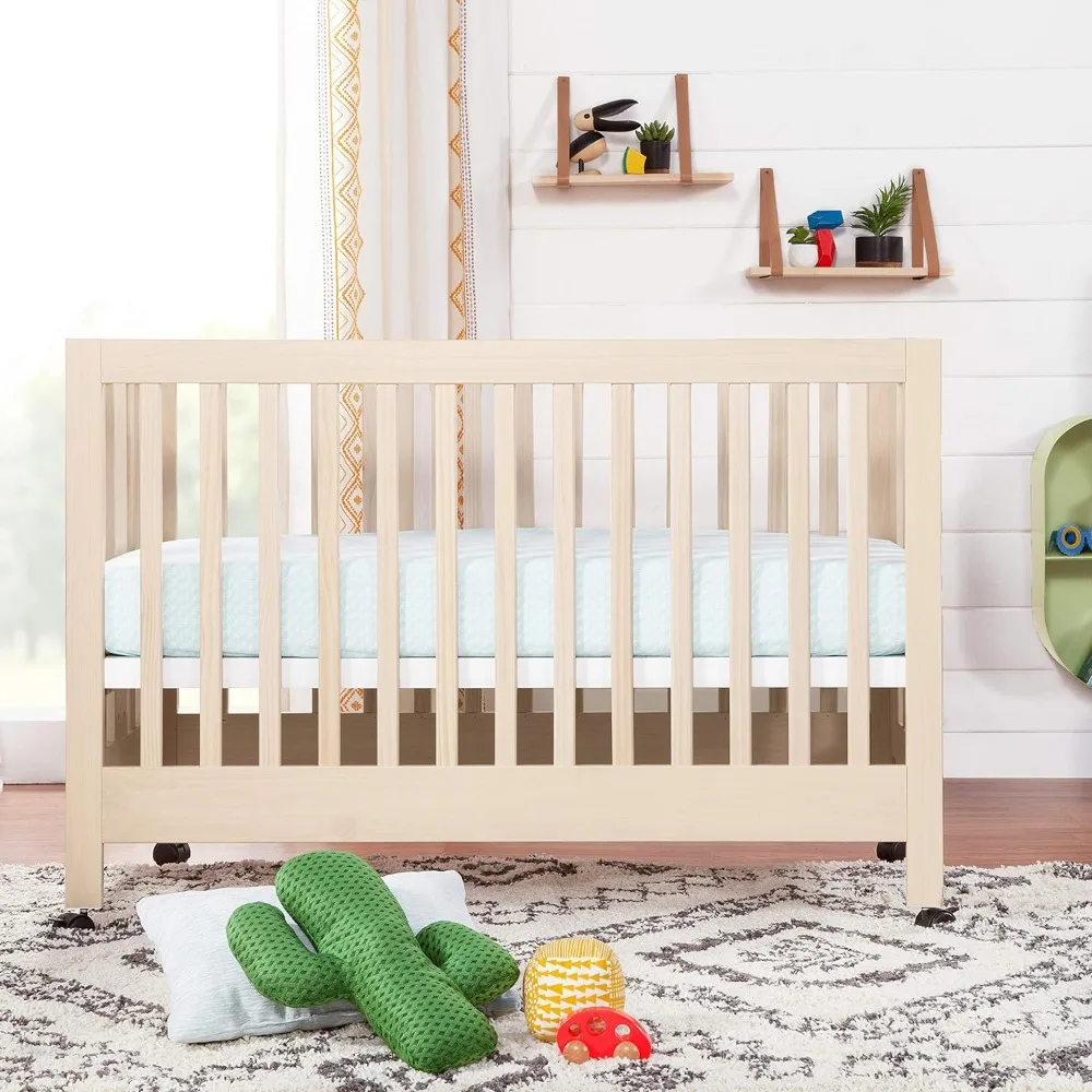 Maki Full-Size 2-in-1 Portable Folding Crib with Toddler Bed Conversion Kit easy storage in Washed Natural