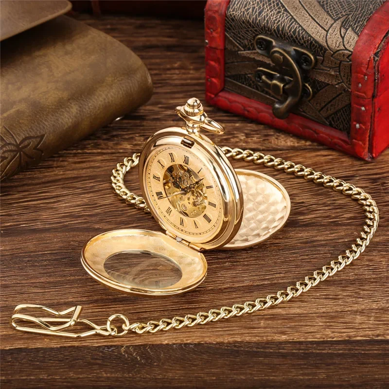 Luxury Yellow Golden Double Hunter Men Handwinding Mechanical Pocket Watch Roman Number Dial with Pendant Chain Timepiece Gift