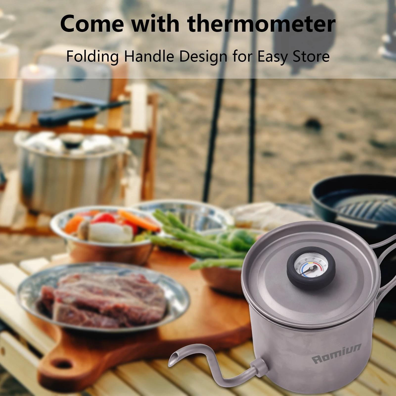 Outdoor Ti Pour Over Coffee Kettle 400ml Gooseneck Tea Kettle with Thermometer and Folding Handle Gooseneck Pour Over Kettle