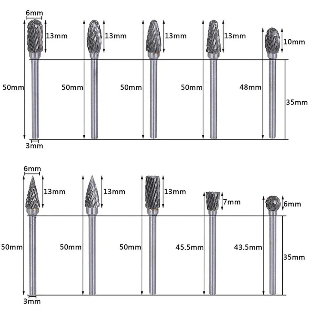 10PCS Carbide Rotary Burr Set 3mm Shank Double Cut Grinding Bits Carving Tool for Wood Metal Stone Tile Polishing DIY Drill view 6