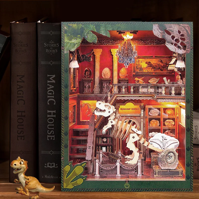 Coin de livre à monter soi-même, Kits de modèles miniatures en bois, musée des dinosaures, serre-livres Casa, Puzzle 3D avec bibliothèque légère, cadeaux d'anniversaire pour amis