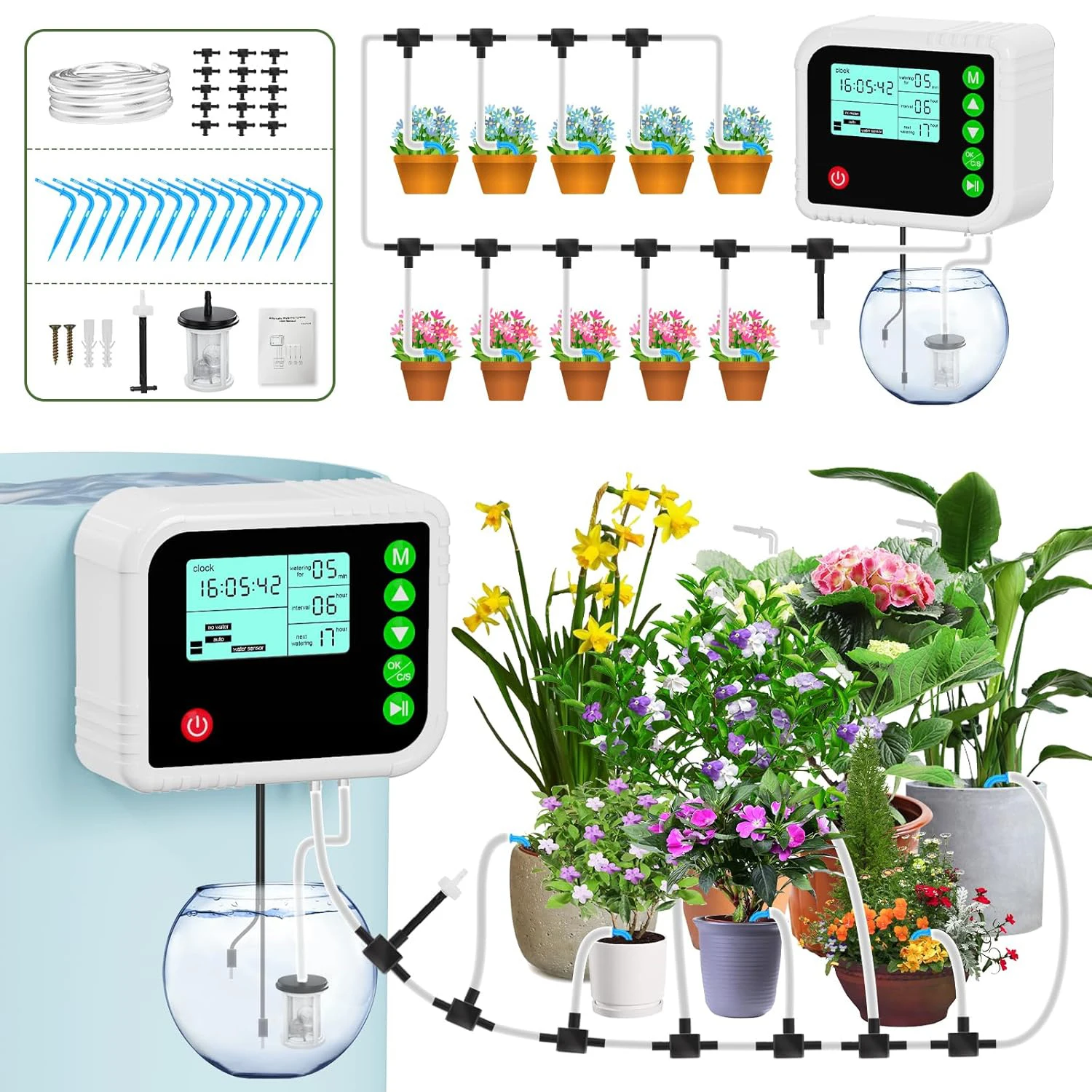 Kit de Riego Automático Inteligente con Pantalla LED Digital, Controlador de Riego Temporizado, Sistema de Microirrigación Portátil para Flores en Maceta, Vegetales, Invernadero y Jardín