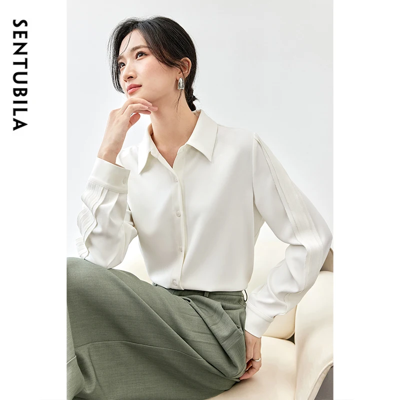 SENTUBILA Office Lady White Shirt for Women 2024 Autumn Slim Fit POLO Neck Folds Long Sleeve Single Breasted Women Top 143C56816