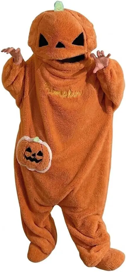 Womens Pumpkin Fleece Pajamas, Cute Halloween Hooded Jumpsuit Sleepwear