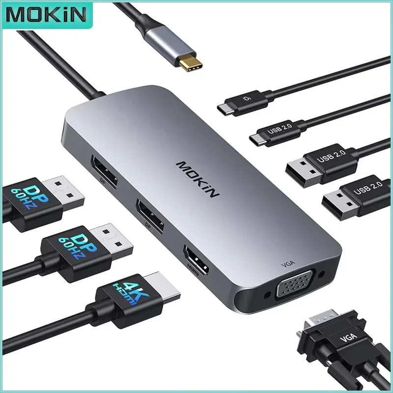 MOKiN 8 In 1 USB C Hub Docking Station DP HDMI VGA USB C 2.0 Multi Monitor Adapter PD Charging Port for HP Laptop