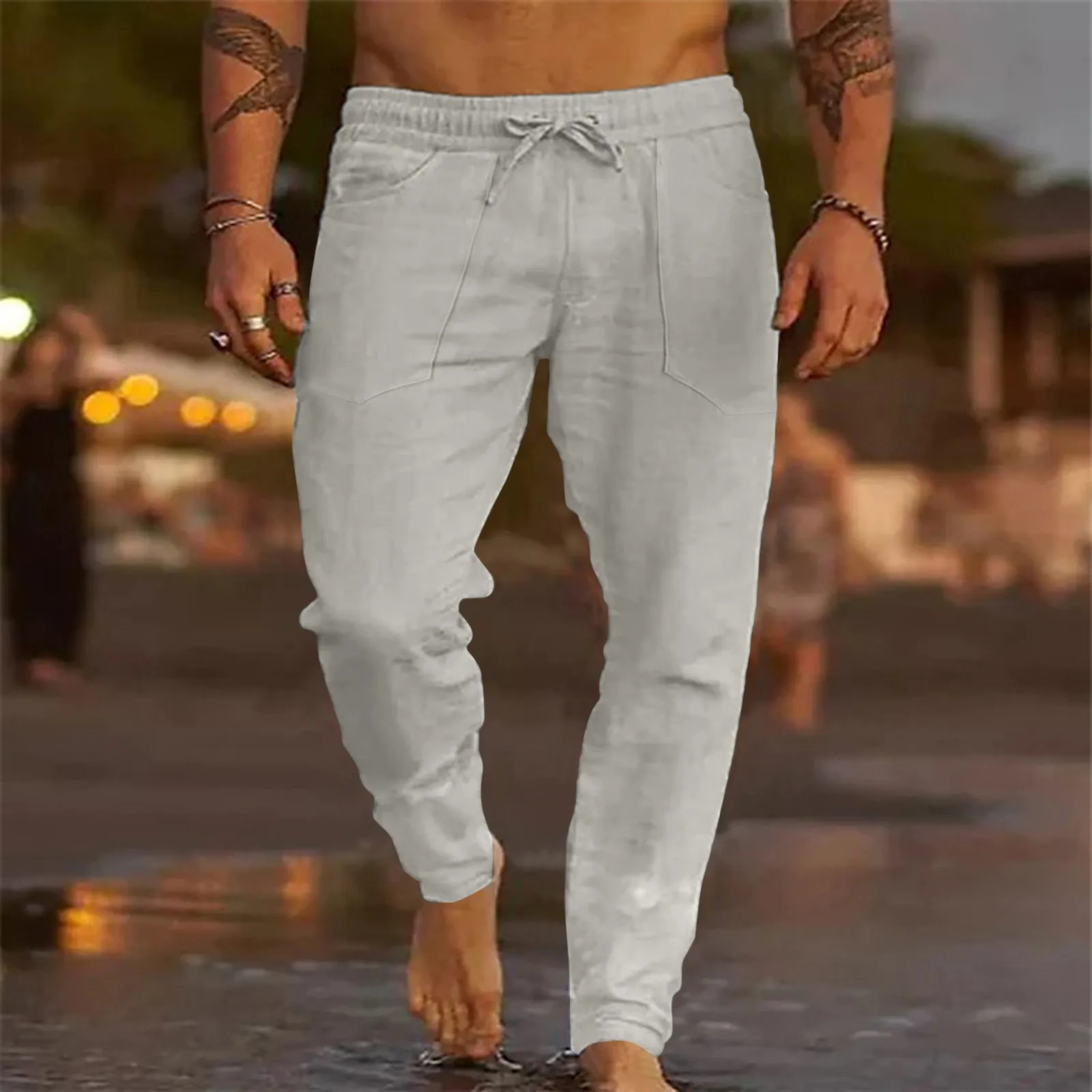 Pantalones de lino de algodón para hombre, ropa de calle transpirable, de chándal informal, Color sólido, otoño y primavera